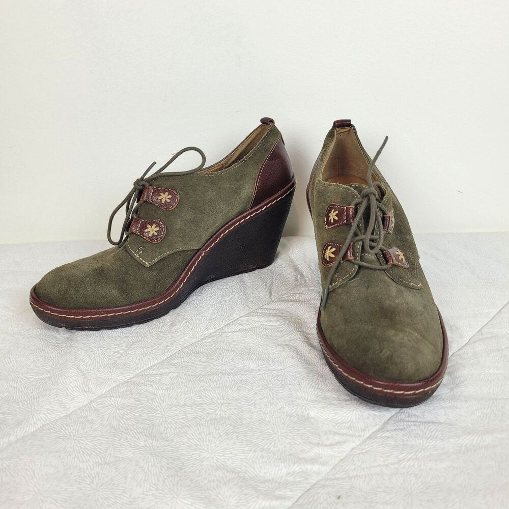 Sofft Camila Wedge lace-up leather booties 7.5M Olive green contrast stitching - Picture 3 of 11